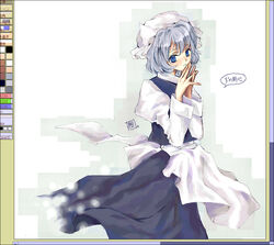  apron blue_eyes dress eyebrows fake_scrollbar female grey_hair hat honokan interlocked_fingers letty_whiterock long_sleeves oekaki short_hair simple_background solo standing touhou translation_request 