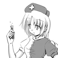  female greyscale holding holding_test_tube lowres monochrome myau solo test_tube touhou yagokoro_eirin 