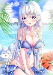  &gt;_&lt; :d absurdres alternate_costume beach between_legs bikini blue_bikini blue_eyes blue_ribbon blush breasts cleavage collarbone commentary_request cowboy_shot day eyelashes female frilled_bikini frills groin hair_between_eyes hair_ornament hairclip hand_between_legs hand_up happy highres inari_(summer_pockets) large_breasts lens_flare long_hair looking_at_viewer mao_sirahama naruse_shiroha ocean open_mouth outdoors ribbon sidelocks sitting smile solo straight_hair summer_pockets swimsuit v very_long_hair watermelon_innertube white_hair 