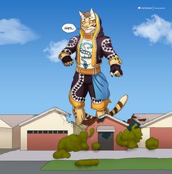  2019 5_fingers anthro artist_name black_clothing body_size_growth bottomwear building clothed clothing cloud clouded_leopard countershading deity destruction dialogue english_text felid fingerless_gloves fingers fully_clothed gloves handwear hi_res house likulau macro male mammal neighborhood nekojishi oops pantherine patreon patreon_logo shadow2007x shorts size_transformation sky solo speech_bubble standing studio_klondike suburbs tattoo text transformation white_clothing yellow_clothing 