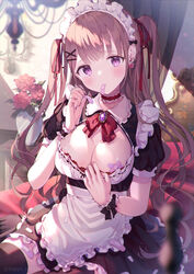  apron bandaid bandaids_on_nipples black_dress blurry blurry_foreground blush bow bowtie breasts brown_hair cleavage closed_mouth clothes_pull commentary_request cross_hair_ornament dengeki_moeou dress dress_pull earrings female flower hair_ornament hair_ribbon hairclip highres holding_bandaid indoors jewelry kappe_reeka large_breasts long_hair looking_at_viewer maid maid_apron maid_headdress official_art on_chair original pasties purple_eyes red_bow red_flower red_ribbon red_rose ribbon rose single_earring sitting solo sunlight twintails vase 