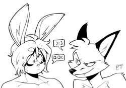  &gt;:3 arthur_(lapinbeau) canid canine closed_frown domestic_rabbit eep emoticon flemish_giant fox frown grin lagomorph lapinbeau leporid male mammal monochrome mouth_closed o_o oryctolagus rabbit smile tredain 