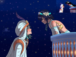  3boys aladdin_(character) aladdin_(disney) alternate_costume androgynous arabian_clothes bare_shoulders bead_necklace beads black_hair blue_hair braid bridal_gauntlets cape closed_mouth cosplay crop_top crossed_arms dark_skin derivative_work earrings elbow_gloves facial_mark female flower forehead_mark from_side genshin_impact gloves gradient_hair green_eyes green_hair hair_flower hair_ornament hat_feather highres jasmine_(disney) jewelry long_hair long_sleeves male_focus multicolored_hair multiple_boys necklace night night_sky open_mouth parody pendant railing reference_inset short_hair_with_long_locks simple_background sky sleeveless smile star_(sky) starry_sky suslikvaleny tassel twin_braids two-tone_hair venti_(genshin_impact) white_flower xiao_(genshin_impact) yaoi yellow_eyes 