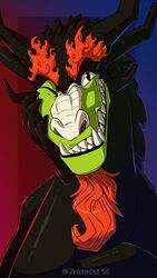  2021 aku anthro demon dragon facial_hair fangs fire flaming_hair goatee grin hi_res looking_at_viewer male mythological_creature mythological_scalie mythology natsuakai one_eye_closed pseudo_hair samurai_jack scalie sharp_teeth smile smirk solo teeth wink 