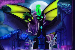  2021 absurd_res alicorn blue_eyeshadow doodlemark dragon duo equid equine eyeshadow fangs female feral friendship_is_magic full_moon green_eyes grin hair hasbro headpiece hi_res horn idw_publishing inanimate_object macro makeup mammal membrane_(anatomy) membranous_wings moon multicolored_hair my_little_pony my_little_pony_(idw) mythological_creature mythological_equine mythological_scalie mythology night nightmare_rarity_(idw) ponyville pupils purple_hair scalie sculpture slit_pupils smile spike_(mlp) spread_wings statue teeth two_tone_hair white_hair wings yellow_sclera 