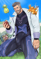  1boy absurdres bara beard black_bodysuit bodysuit bulge closed_mouth coat facial_hair highres holding holding_poke_ball kneeling lab_coat large_pectorals lechonk looking_at_viewer male_focus multicolored_bodysuit multicolored_clothes muscular muscular_male open_clothes open_coat outdoors paid_reward_available pawmi pectorals pink_bodysuit poke_ball pokemon pokemon_(creature) pokemon_sv purple_bodysuit short_hair sky smoliv suyohara turo_(pokemon) undercut variant_set 