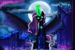  2021 absurd_res alicorn blue_eyeshadow digital_media_(artwork) digital_painting_(artwork) doodlemark equid equine eyeshadow fangs female friendship_is_magic full_moon green_eyes hair hasbro headpiece hi_res horn idw_publishing macro makeup mammal membrane_(anatomy) membranous_wings moon multicolored_hair my_little_pony my_little_pony_(idw) mythological_creature mythological_equine mythology night nightmare_rarity_(idw) ponyville pupils purple_hair restricted_palette slit_pupils smile solo spread_wings teeth two_tone_hair white_hair wings 