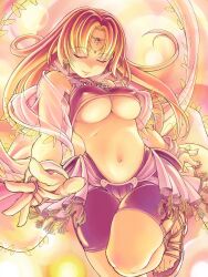  absurdres blonde_hair breasts bridal_gauntlets brown_hair circlet closed_eyes covered_nipples dancer dancer_(ragnarok_online) female highres large_breasts long_hair midriff mil_(xration) navel non-web_source ragnarok_online sandals smile solo thigh_gap toes underboob 