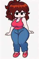  1girls ai_generated auburn_hair bangs black_eyes blue_jeans breasts brown_hair curvy curvy_figure friday_night_funkin girlfriend_(friday_night_funkin) jeans messy_hair no_socks pixai ponytail red_shoes red_tank_top shoes smile smiling tank_top thick_thighs 