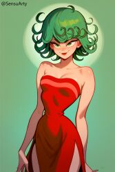  1girls ai_generated bare_arms bare_shoulders female female_only green_eyes green_hair looking_at_viewer one-punch_man pale_skin pose posing posing_for_the_viewer red_dress seductive seductive_eyes seductive_look seductive_pose seductive_smile sensuarty short_hair smile solo strapless strapless_dress tatsumaki 