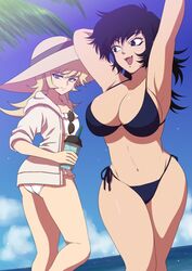  2girls arms_up asuka_ryou bikini black_bikini black_eyes black_hair blonde_hair blue_eyes blue_sky breasts cloud commentary_request day devilman dutch_angle eyewear_hang fangs fudou_akira genderswap_(mtf) hat hood hoodie large_breasts multiple_girls navel ocean rule_63 side-tie_bikini_bottom sky small_breasts smile sun_hat sunglasses swimsuit umino_mo_kuzu unworn_eyewear white_bikini 