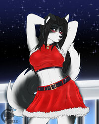  2022 4:5 anthro big_breasts black_body black_fur black_hair black_nose border_collie bottomwear breasts canid canine canis christmas christmas_clothing clothing collie digital_media_(artwork) domestic_dog eyewear female flat_colors fur fur_trim_(clothing) ghostwolf glasses hair hands_behind_head heather_mcduff herding_dog holidays humanoid_hands long_hair looking_at_viewer mammal multicolored_body multicolored_fur navel night pastoral_dog pose railing sheepdog signature skirt sky solo star starry_sky two_tone_body two_tone_fur white_body white_fur 