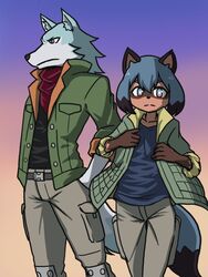  3:4 anthro belt black_body black_fur blue_eyes blue_hair bottomwear brand_new_animal brown_body brown_fur canid canine canis clothed clothing coat cosplay digital_media_(artwork) duo female fur gloves_(marking) grey_body grey_fur gundam gundam:_iron_blooded_orphans hair jacket kerchief khakis male mammal markings michiru_kagemori multicolored_eyes neckerchief open_clothing open_jacket open_topwear outside pants pink_eyes raccoon_dog rolled_up_sleeves shirou_ogami shirt starman75042 studio_trigger tanuki topwear twilight wolf 