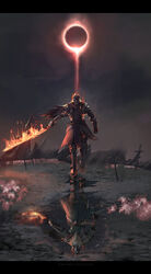  1boy 1other armor armored_boots beard boots breastplate capelet crown dark_souls_(series) dark_souls_i dark_souls_iii eclipse embers facial_hair facing_viewer fire flaming_sword flaming_weapon flower full_armor full_body gauntlets greaves gwyn_lord_of_cinder helmet holding holding_sword holding_weapon letterboxed moon outdoors outstretched_arm pauldrons photoshop_(medium) planted planted_sword plate_armor puddle red_capelet reflection shoulder_armor solar_eclipse soul_of_cinder sun surcoat sword thefearmaster walking water watermark weapon web_address 