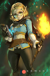  artist_name bespectacled blonde_hair braid breasts cape commentary crown_braid david_semsei female fingerless_gloves from_below glasses gloves green_eyes hair_ornament hairclip highres holding holding_torch looking_at_viewer parted_bangs photoshop_(medium) pointy_ears princess_zelda round_eyewear sheikah_slate short_hair small_breasts solo the_legend_of_zelda the_legend_of_zelda:_tears_of_the_kingdom thick_eyebrows torch 