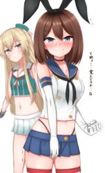  2girls anger_vein angry beret black_hairband black_panties blonde_hair blue_eyes breasts brown_hair clenched_hand clenched_teeth commentary_request cosplay costume_switch crop_top elbow_gloves gloves grey_eyes hair_ornament hairband hairclip hat highleg highleg_panties highres kantai_collection large_breasts long_hair maya_(kancolle) maya_(kancolle)_(cosplay) maya_kai_ni_(kancolle) maya_kai_ni_(kancolle)_(cosplay) microskirt mini_hat multiple_girls panties sailor_collar school_uniform serafuku shimakaze_(kancolle) shimakaze_(kancolle)_(cosplay) short_hair skirt sleeveless striped_clothes striped_thighhighs teeth thighhighs thong tiemu_(man190) translated trembling underwear white_gloves x_hair_ornament 