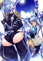  2girls armor ass blue_eyes blue_hair blush breasts commentary dark-skinned_female dark_skin eyepatch gloves highres horns large_breasts long_hair looking_at_viewer multiple_girls navel open_mouth panties pauldrons polearm praxis_(xenoblade) short_hair shoulder_armor simple_background single_horn smile takatun223 theory_(xenoblade) underwear weapon xenoblade_chronicles_(series) xenoblade_chronicles_2 