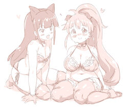  2girls animal_ears blush bra breasts cat_ears cleavage dog_ears heart large_breasts long_hair monochrome multiple_girls ponytail randou sidelocks simple_background sitting small_breasts smile taneshima_popura thighhighs underwear underwear_only wariza white_background working!! yamada_aoi 