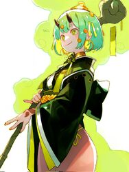  andrewcockroach blunt_bangs bob_cut choker closed_mouth female gold_choker green_hair green_kimono hair_ornament highres holding holding_staff horns japanese_clothes jewelry kimono light_smile long_sleeves nail_polish obi oerba_yun_fang panties sash short_hair side-tie_panties smile smoke solo staff thighs underwear yellow_eyes 