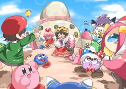  6+boys 6+girls adeleine akiaki_popee bad_id bad_pixiv_id beret black_hair blue_eyes blue_sky blush_stickers bow bowtie castle chuchu_(kirby) closed_eyes cloud commentary_request coo_(kirby) crown daroach day fairy fairy_citizen_(kirby) fairy_wings flamberge_(kirby) francisca_(kirby) glasses gooey_(kirby) hair_ribbon halo hat heart hidden_eyes highres hyness jester_cap keke_(kirby) kirby kirby_(series) lalala_(kirby) lololo_(kirby) long_hair long_sleeves magolor marx_(kirby) meta_knight multiple_boys multiple_girls n-z no_arms oerba_yun_fang open_mouth pink_hair pitch_(kirby) purple_eyes queen_sectonia rayman_limbs red_bow red_bowtie red_headwear red_ribbon ribbon ribbon_(kirby) ripple_star_queen short_hair signature sky smile susie_(kirby) taranza tongue tongue_out very_long_sleeves warp_star watermark waving wide_sleeves wings zan_partizanne zero_two_(kirby) 