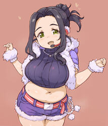  belly belt black_hair blush breasts commentary_request cowboy_shot crop_top cropped_sweater ebihara_naho female fur-trimmed_jacket fur-trimmed_shorts fur_trim green_eyes hair_bun headset idolmaster idolmaster_cinderella_girls jacket jewelry large_breasts long_hair looking_at_viewer microphone navel necklace open_mouth plump ponytail randou shorts simple_background single_hair_bun sleeveless sleeveless_turtleneck smile solo turtleneck 