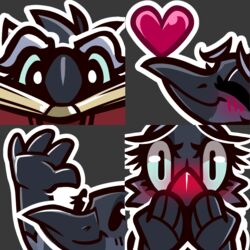  4_fingers anthro avian bbsartboutique beak bird blush book closed_eyes digital_media_(artwork) eyelashes fingers gesture grey_background grey_body hand_on_face headshot_portrait heart_symbol multiple_images portrait reading reading_book simple_background smile solo twitch_emotes waving 