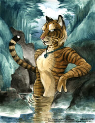  1998 amara_telgemeier anthro felid fur jewelry male mammal orange_body orange_fur pantherine pendant reflection solo stripes tail tiger water 