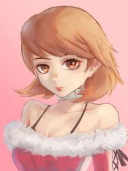  bare_shoulders breasts brown_hair choker cleavage collarbone commentary earrings english_commentary eyelashes eyeliner female fur_trim highres jewelry lips looking_at_viewer makeup medium_breasts medium_hair n7grey persona persona_3 pink_background pink_shirt shirt sidelocks solo spaghetti_strap stud_earrings swept_bangs white_choker yukari_takeba 