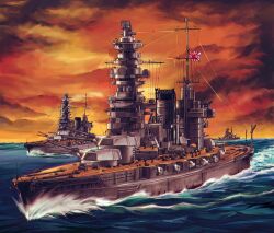  battleship chimney cloud commentary cruiser flag fusou_(battleship) gun imperial_japanese_navy kamisimo_90 military military_vehicle mogami_(cruiser) no_humans ocean original rising_sun_flag scenery ship sunburst sunset turret warship water watercraft weapon world_war_ii yamashiro_(battleship) 