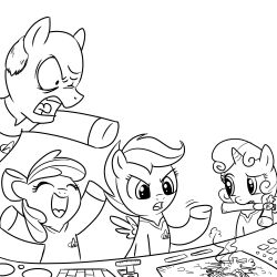  1:1 apple_bloom_(mlp) black_and_white clothing crossover cutie_mark_crusaders_(mlp) earth_pony equid equine feathered_wings feathers female feral friendship_is_magic group hammer hasbro horn horse jean-luc_picard male mammal monochrome my_little_pony mythological_creature mythological_equine mythology open_mouth pegasus pony scootaloo_(mlp) simple_background star_trek star_trek_the_next_generation sweetie_belle_(mlp) tools unicorn uniform unknown_artist white_background wings young young_feral 