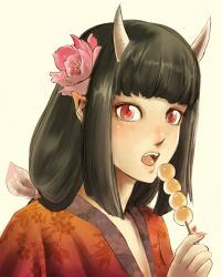  bad_id bad_pixiv_id black_hair dango female flower food hair_flower hair_ornament hayadai highres hinomoto_oniko horns japanese_clothes long_hair nail_polish oni oni_horns original pointy_ears portrait red_eyes solo wagashi white_background 