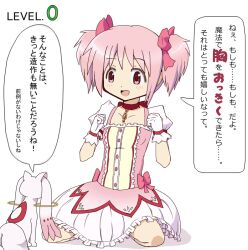  bad_id bad_pixiv_id blush choker female flat_chest gloves hair_ribbon kaname_madoka kaname_madoka_(magical_girl) kyuubee magical_girl mahou_shoujo_madoka_magica mahou_shoujo_madoka_magica_(anime) open_mouth pink_eyes pink_hair red_choker ribbon short_twintails simple_background sitting translated twintails unagi88 white_gloves 