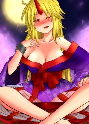  bare_shoulders between_legs blonde_hair blush breasts chains cleavage commentary_request cup female full_moon highres horns hoshiguma_yuugi hoshiguma_yuugi_(kimono) indian_style japanese_clothes large_breasts long_hair moon oerba_yun_fang off_shoulder one_eye_closed open_mouth petals red_eyes roki_(hirokix) single_horn sitting solo star_(symbol) touhou wrist_cuffs 