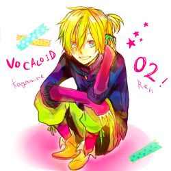  blonde_hair boots boy full_body gradient gradient_background hand_on_ear hand_on_knee headphones kagamine_len kouyama_(kkt5630) male male_focus pants ponytail short_pants sitting smile solo star sweater vocaloid white_background 