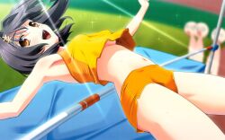  armpits black_hair breasts female game_cg high_jump highres kasuga_yuuno matsuo_yukihiro medium_breasts memories_off memories_off_6 midriff navel open_mouth orange_shorts short_hair short_shorts shorts solo underboob 