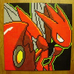  commentary_request highres lego lego_(medium) no_humans photo_(medium) pixel_art pokemon pokemon_(creature) scizor simple_background unconventional_media wings yellow_eyes you_rei_(blowback) 