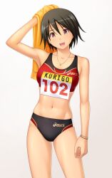  armpits asics black_hair brown_eyes buruma female highres jewelry kuri_(kurigohan) necklace oerba_yun_fang open_mouth original photoshop_(medium) short_hair solo sports_bikini towel track_uniform 