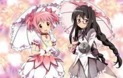  2girls akemi_homura akemi_homura_(magical_girl) black_hair braid commentary_request glasses gloves hairband kaname_madoka kaname_madoka_(magical_girl) long_hair magical_girl mahou_shoujo_madoka_magica mahou_shoujo_madoka_magica_(anime) multiple_girls nyoro_(nyoronyoro000) official_style parasol photoshop_(medium) pink_eyes pink_hair purple_eyes red-framed_eyewear shield short_hair smile twin_braids twintails umbrella white_gloves 