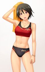  armpits asics black_buruma black_hair brown_eyes buruma collarbone female highres jewelry kuri_(kurigohan) navel necklace oerba_yun_fang original photoshop_(medium) short_hair solo sports_bikini towel track_uniform 