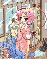  4girls bad_id bad_pixiv_id breasts brushing_teeth cameo cleavage cup eyeball feline highres horns hoshiguma_yuugi kaenbyou_rin kaenbyou_rin_(cat) komeiji_koishi komeiji_satori lolicon misa_(mrrx) mizuhashi_parsee mug mug_writing multiple_girls mystia_lorelei mystia_lorelei_(bird) no_pants pajamas panties print_mug reiuji_utsuho reiuji_utsuho_(bird) single_horn sleeping small_breasts striped_clothes striped_panties third_eye touhou underwear wriggle_nightbug 