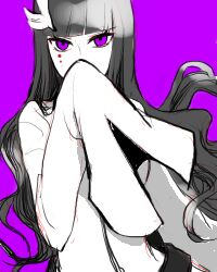  alternate_hair_color apu arrancar bangs black_hair bleach blunt_bangs covering_mouth cyan_sung-sun expressionless facial_mark female hand_over_mouth long_hair lowres purple_background purple_eyes simple_background sleeves_past_wrists solo sun-sun 