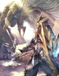  1boy armor arrow_(projectile) bow_(weapon) commentary_request felyne glowing glowing_eyes kokutan_kitsunen monster_hunter_(character) monster_hunter_(series) monster_hunter_portable_3rd photoshop_(medium) sword weapon zinogre zinogre_(armor) 