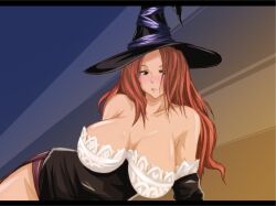  arm_support bare_shoulders blush breasts brown_eyes curvy detached_sleeves dragon&#039;s_crown dress female female hat large_breasts long_hair lying on_side orange_hair reizima solo sorceress sorceress_(dragon&#039;s_crown) strapless_dress vanillaware witch witch_hat 