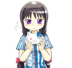  akemi_homura alternate_costume argyle black_hair bow braid commentary_request eating employee_uniform female food food_with_face hair_ornament hairband hairbow highres homu hoshikawa_tsukimi kyuubee lawson long_hair looking_at_viewer mahou_shoujo_madoka_magica mahou_shoujo_madoka_magica_(anime) pinstripe_pattern pocket purple_eyes shirt simple_background solo staring striped_clothes striped_shirt sweets twin_braids twintails uniform vertical-striped_clothes vertical-striped_shirt wagashi 