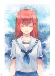  ascot bryanth closed_eyes commentary_request eyelashes female highres long_hair original painting_(medium) photoshop_(medium) red_hair school_uniform smile solo traditional_media watercolor_(medium) 