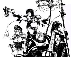  4girls adepta_sororitas adeptus_astartes akemi_homura armor banner battle_standard bolter breastplate chainsword commentary_request commissar drill_hair eldar epaulettes farseer fingerless_gloves flag gloves greyscale gun hat heresy long_hair mahou_shoujo_madoka_magica mahou_shoujo_madoka_magica_(anime) midriff miki_sayaka monochrome multiple_girls oerba_yun_fang parody pauldrons peaked_cap photoshop_(medium) polearm ponytail power_armor ribbon sakura_kyoko short_hair shoulder_armor skull spear sword that_storyteller tomoe_mami warhammer_40k weapon 