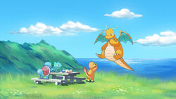  bad_id bad_pixiv_id berry_(pokemon) bulbasaur charmander claws cloud commentary day dragonite emuenuon fire flame-tipped_tail flying grass highres holding no_humans outdoors picnic picnic_table pokemon pokemon_(creature) sky squirtle standing table water 