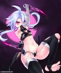  arm_up armpits ass bandaged_arm bandages bare_shoulders black_gloves black_panties black_thighhighs blood blue_hair cameltoe commentary_request cosplay crop_top dagger dual_wielding fate/grand_order fate_(series) feet female full_moon gloves glowing glowing_eyes glowing_weapon groin highres holding holding_dagger holding_knife holding_weapon jack_the_ripper_(fate/apocrypha) jack_the_ripper_(fate/apocrypha)_(cosplay) jumping knee_up knife leg_up looking_at_viewer moon navel neptune_(series) night night_sky panties power_symbol power_symbol-shaped_pupils purple_moon red_eyes revealing_clothes sereneandsilent short_hair_with_long_locks shoulder_tattoo single_glove sky sleeveless solo stomach symbol-shaped_pupils tattoo thighhighs thighs torn_clothes torn_thighhighs underwear weapon white_heart_(neptunia) 