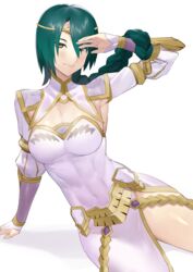  abs braid braided_ponytail breasts circlet cleavage dress female fire_emblem fire_emblem_heroes fuji_nyaga gem gold_trim green_hair hair_ornament hand_on_floor hand_over_face highres leaning_back lips long_hair looking_at_viewer lying medium_breasts on_floor on_side single_braid skin_tight solo stomach thighs thorr_(fire_emblem) white_background white_dress yellow_eyes 