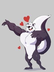  abs anthro biceps big_muscles black_body black_fur black_nose digital_media_(artwork) fur hair hair_over_eyes heart_symbol hi_res long_tail looney_tunes male mammal mephitid muscular muscular_anthro muscular_male pecs pitu_le_pew simple_background skunk smile solo tail taoren warner_brothers white_body white_fur white_hair 